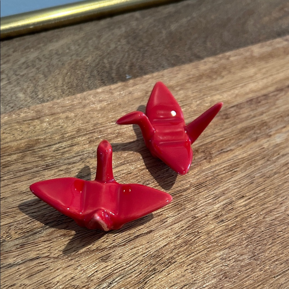 Set of 2 red ceramic origami crane chopstick rests